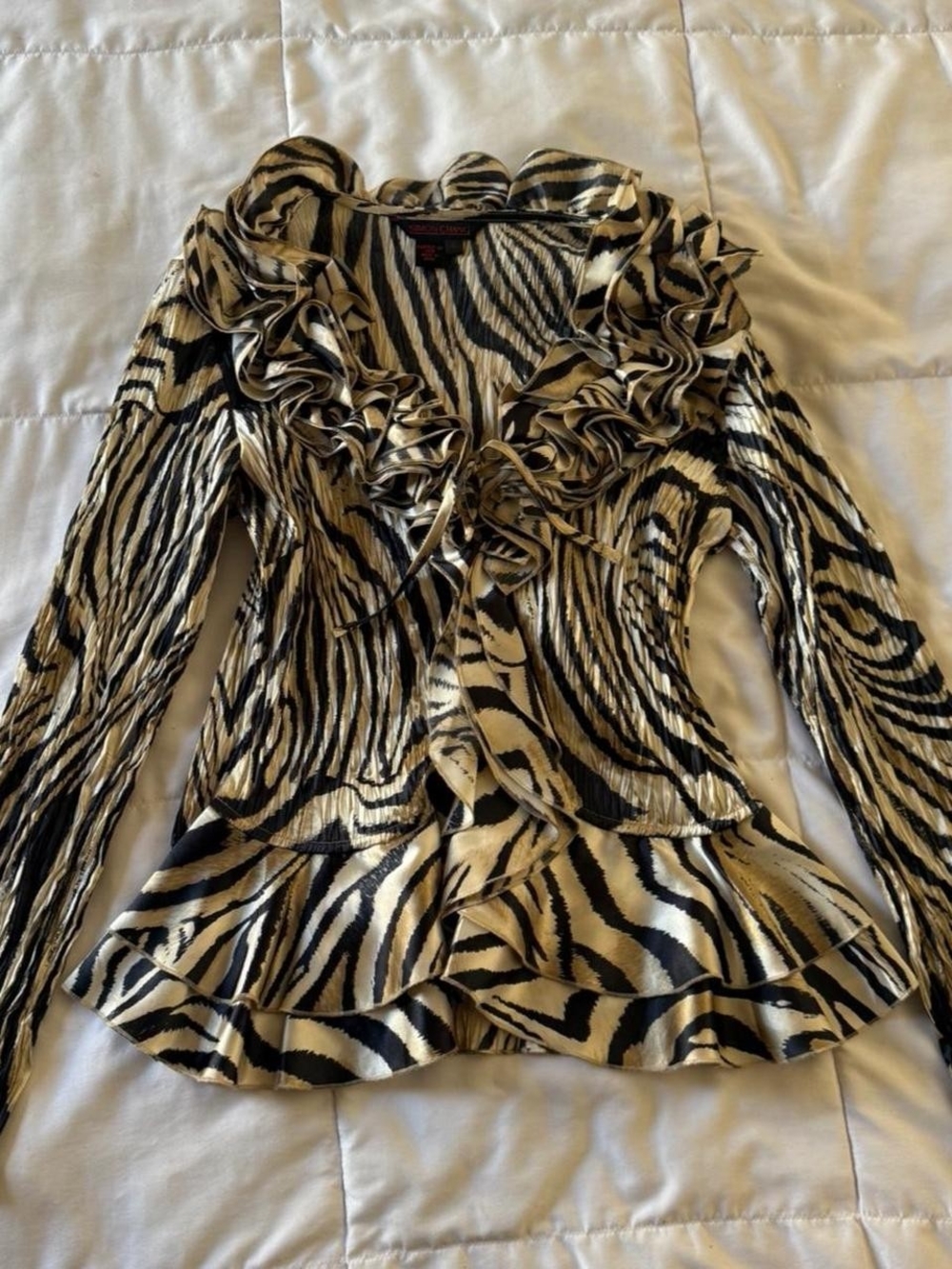 Simon Chang Black and Cream Ruffled Zebra-Print Blouse